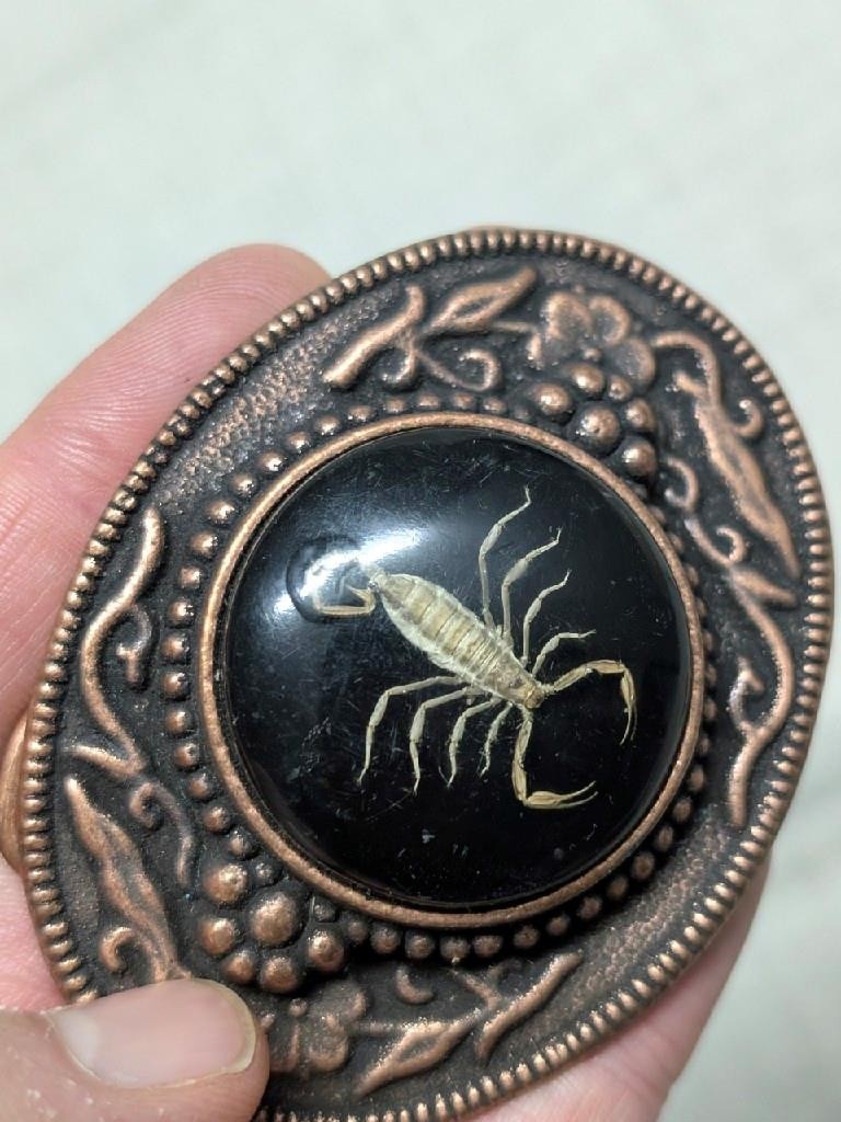 vintage USA made SCOROPION belt buckle WESTERN epoxy COWBOY copper engraved