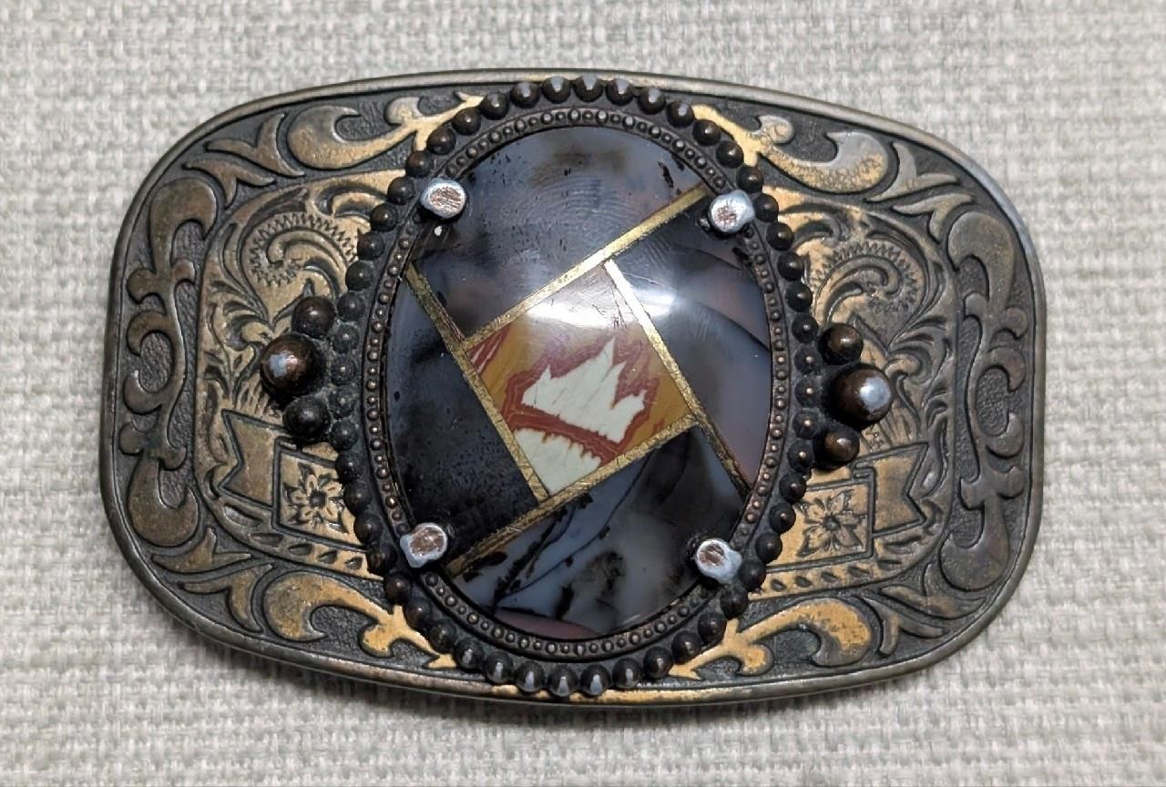 vintage HANDCRAFTED gold inlay GEMSTONE agate quartz WESTERN belt buckle COWBOY