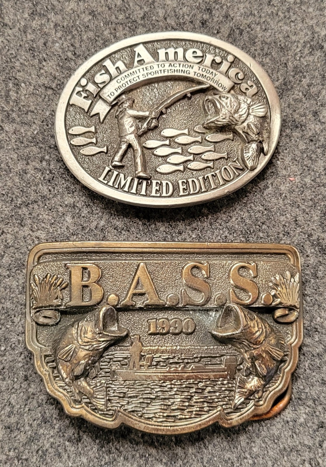 B.A.S.S. 1990 and Fish America Belt Buckle 2 3/4 x 2 1/4 Brass and Pewter