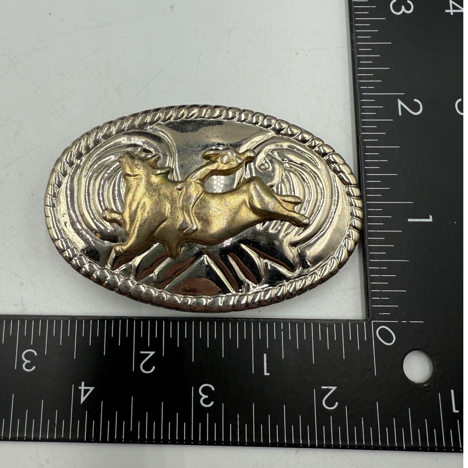 Vintage Western Bull Riding Belt Buckle Silver Gold Tone Rodeo Cowboy Oval 3.5&Prime;