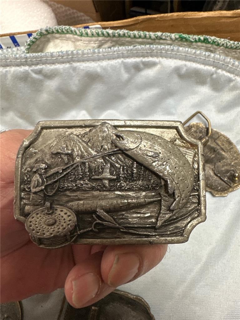 Six Vintage Fishing Belt Buckles Bass, etc.