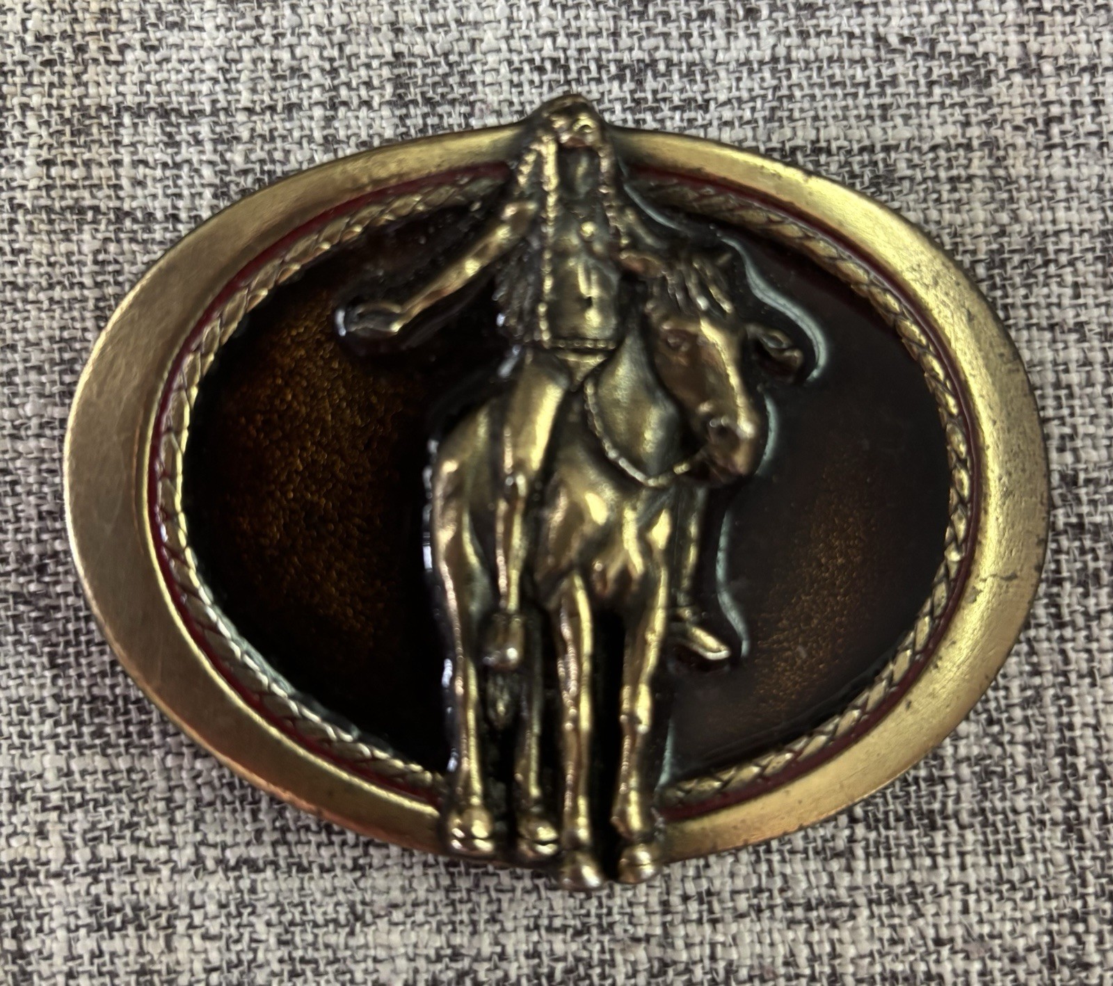 Men’s Belt Buckle 1982 Native American Man On Horse Brass Enamel Gold Brown
