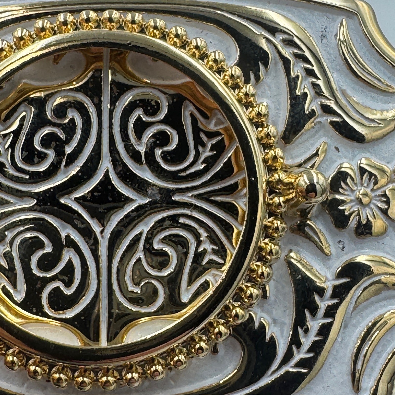 Vintage Western Gold Tone White Enamel Filigree Floral Belt Buckle Made in USA