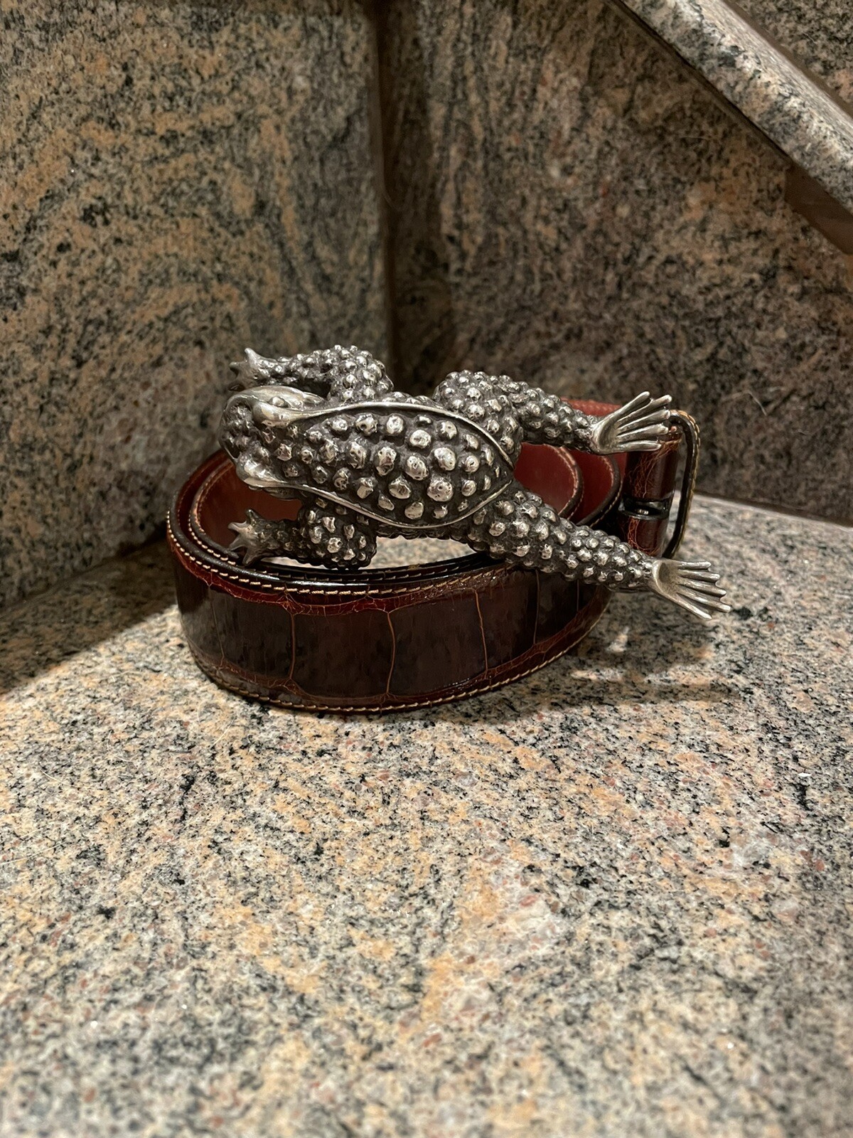 Huge Kieselstein-Cord Sterling Toad Buckle with Brown Alligator Belt Size 2