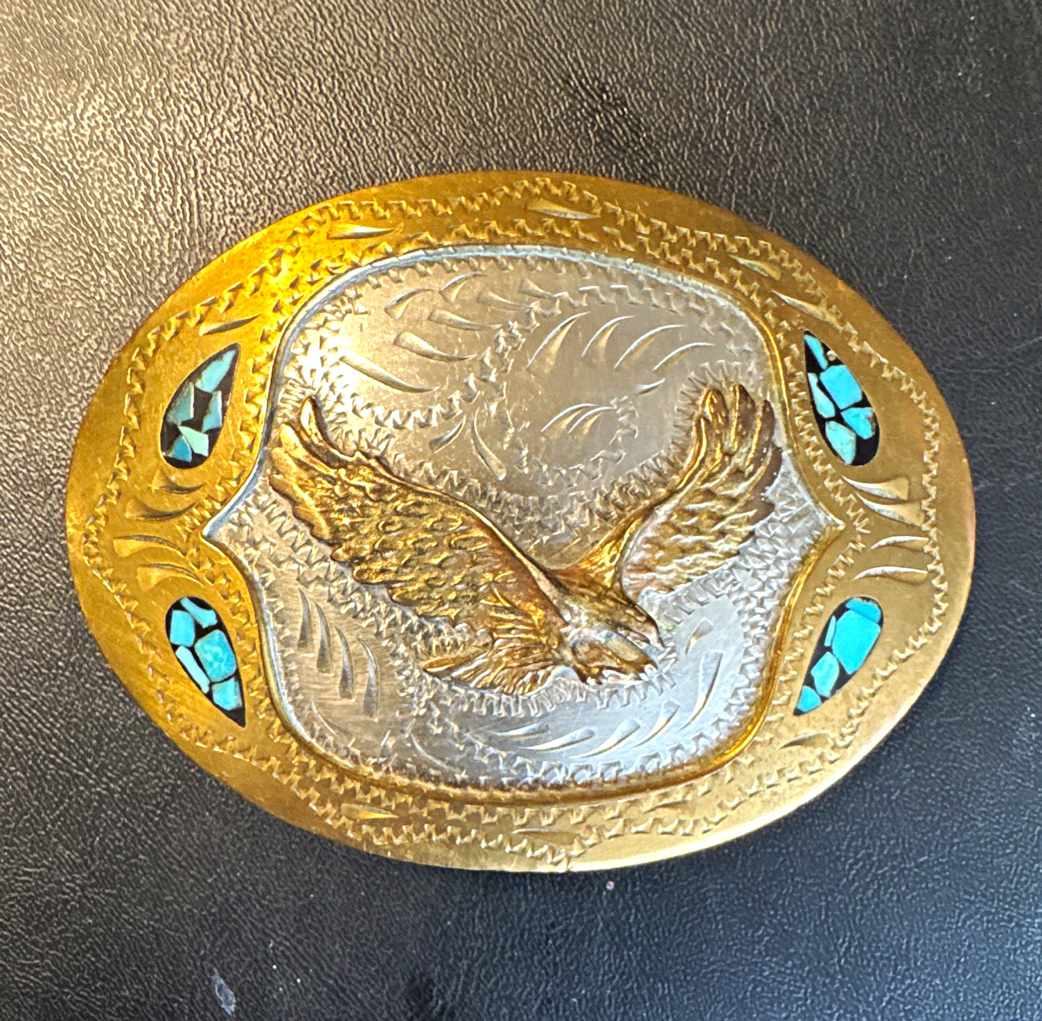 Western Eagle Oval Belt Buckle Gold/Silver Tone Turquoise Accents