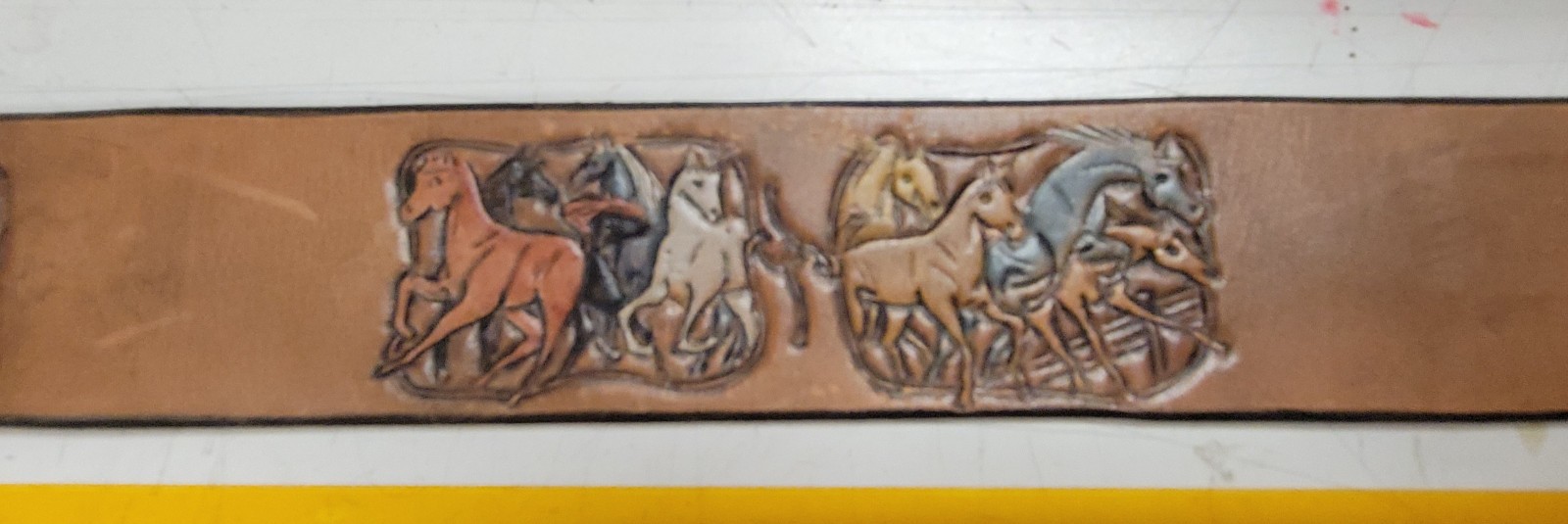 Sky West Brass Wood Inlay Buckle n Stamped Leather Belt