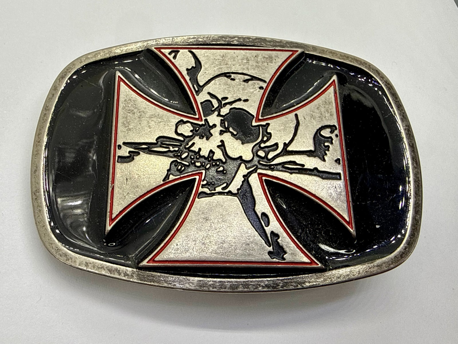 Maltese Iron Cross with Skull Cutout Black Enamel Gothic Punk Vibe Belt Buckle