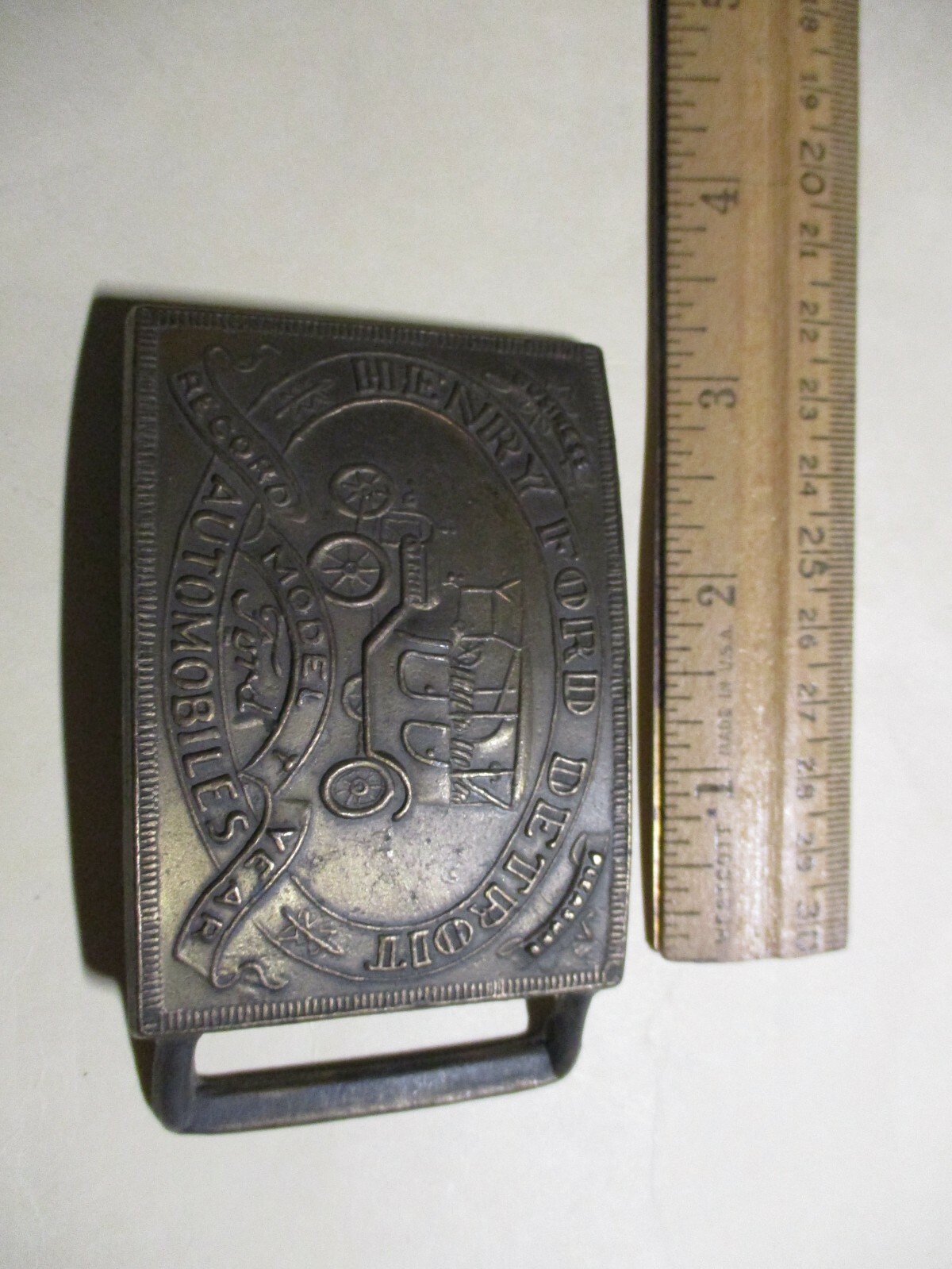 Vintage Solid Brass Belt Buckle- Henry Ford Detroit Model T Record Year EUC