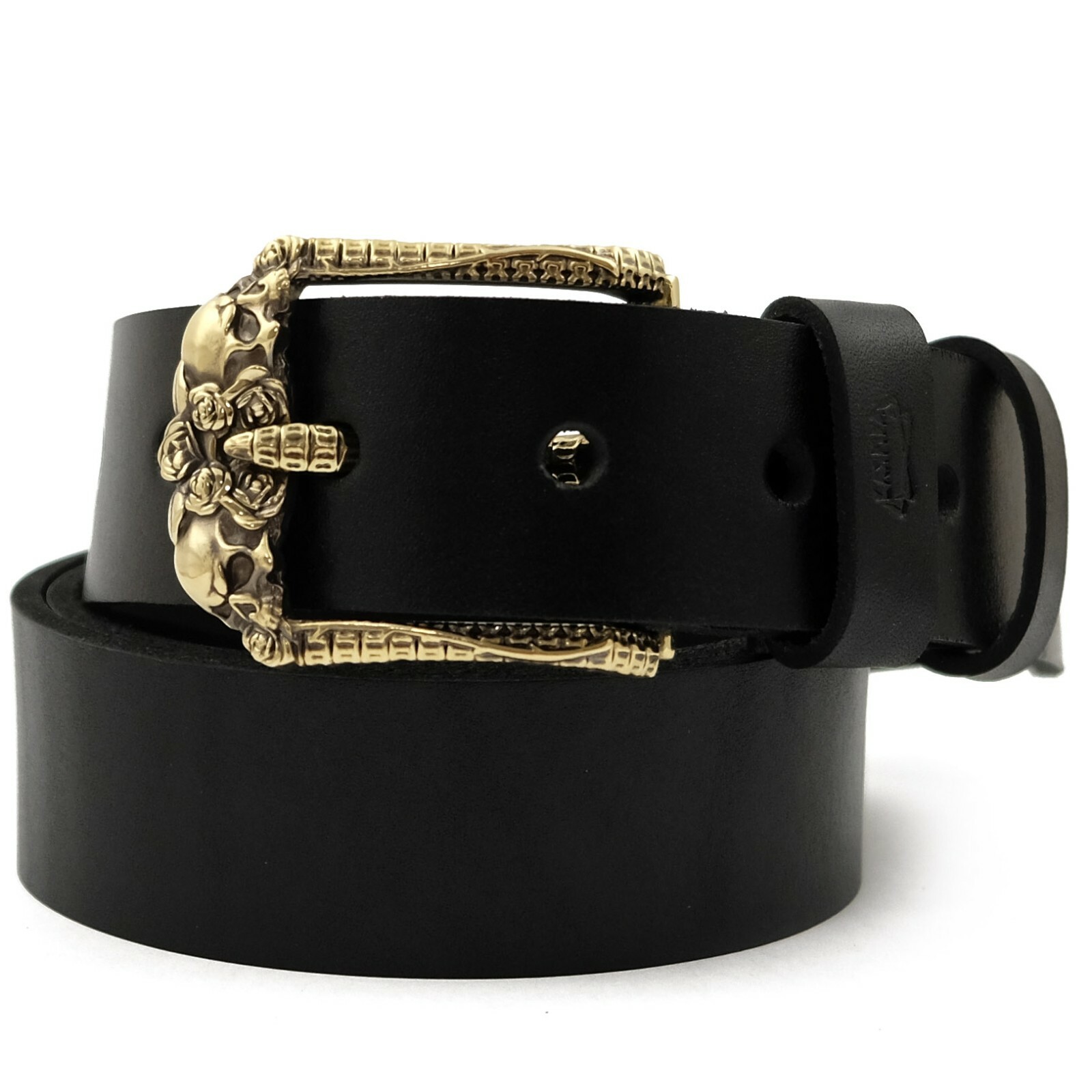 Brass belt buckle Skulls and Roses, pin type Rectangular belt buckle with skulls