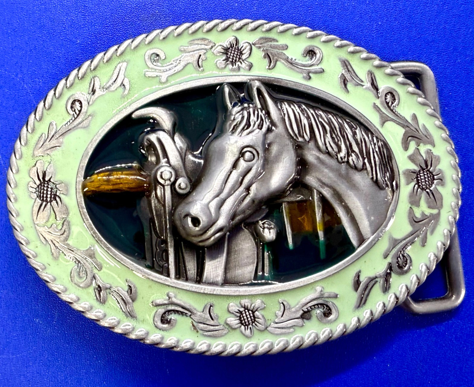 Horse Head and Saddle Enamel Rodeo Cowboys Cowgirls Dimensional Belt Buckle