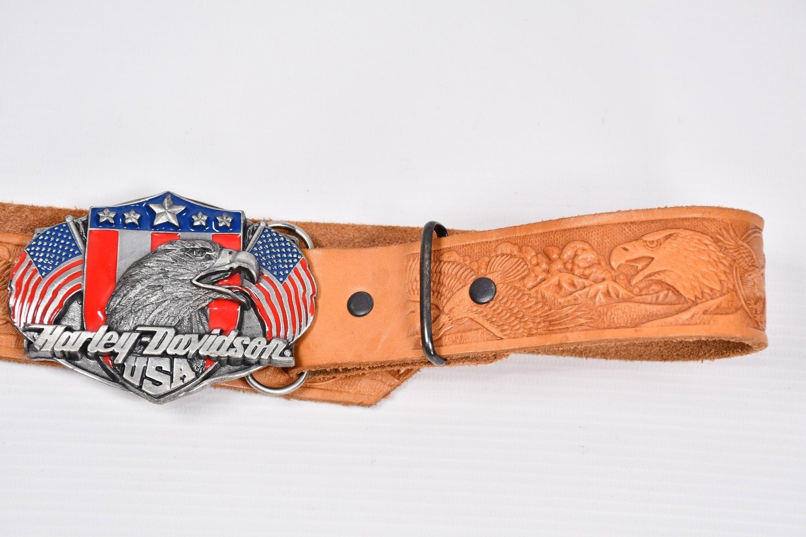 Vintage 80s Harley Davidson Belt Buckle Eagle Made in USA + Eagles Leather Belt