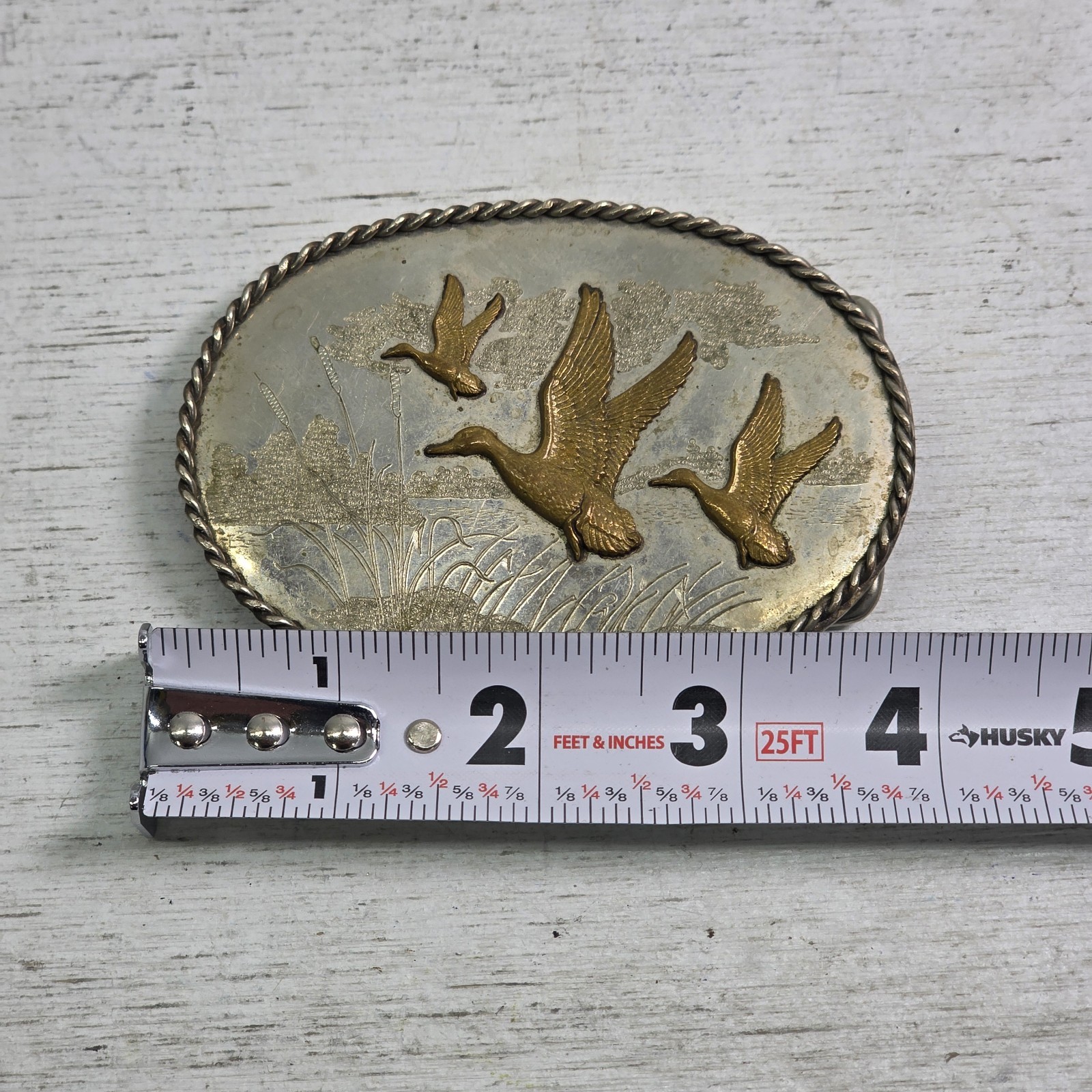 Vintage German Silver Enamel Mallard Duck Belt Buckle Engraved Western Rope Edge