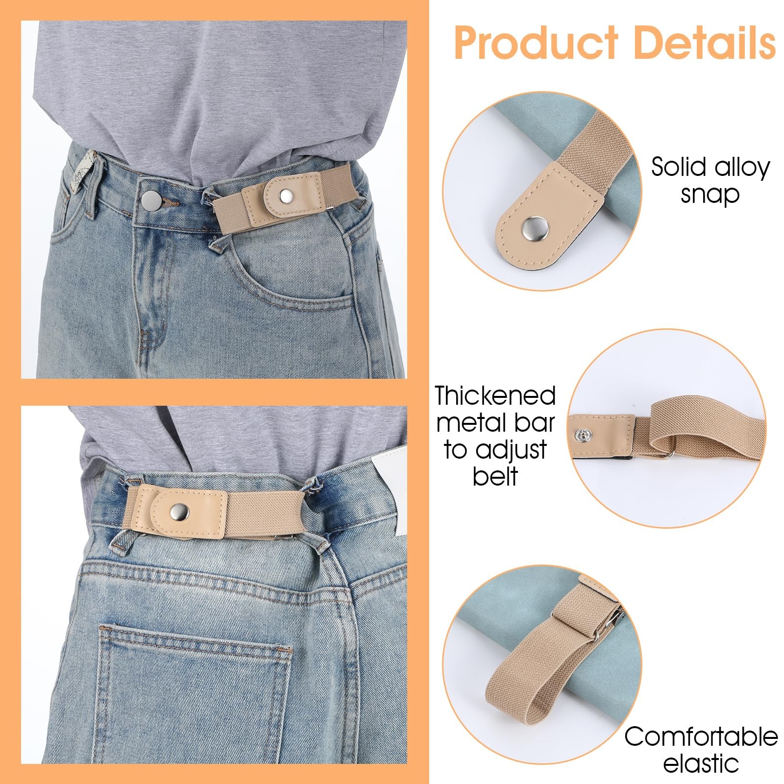 Ptwola 2 Pcs Men Side Belts No Buckle Elastic Belt Without One Size, Beige