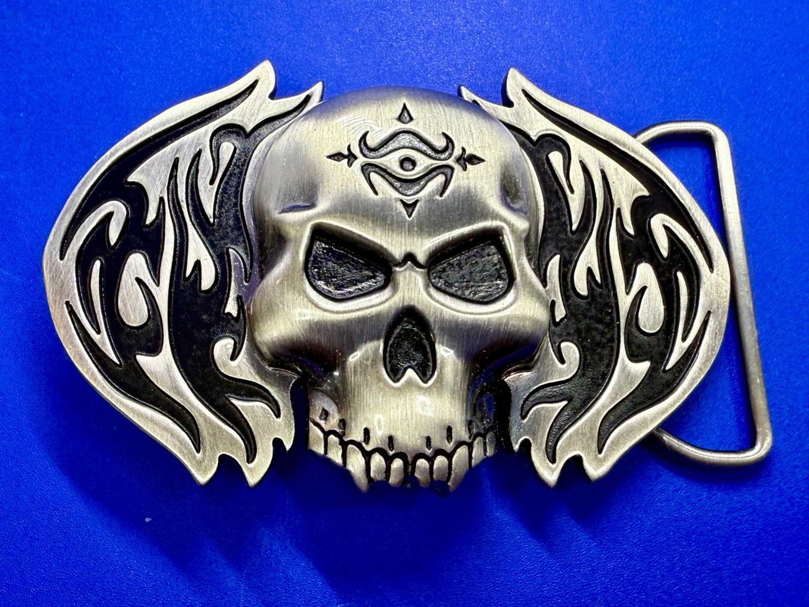 Skull with Flames Cutout Silver & Black Color Silver Moon Creations Belt Buckle