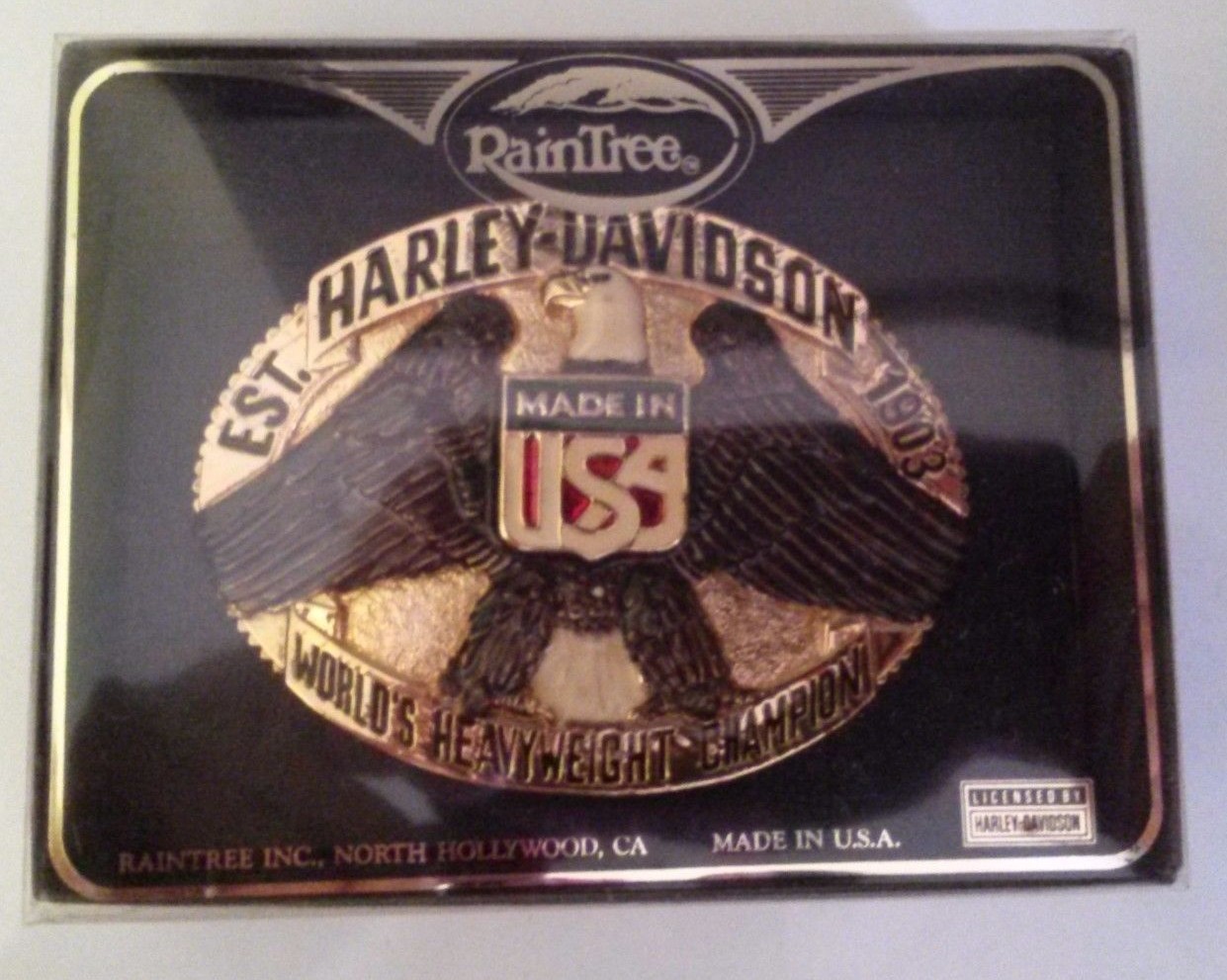 New Vtg. Harley Davidson Belt Buckle Raintree – Heavyweight Champ