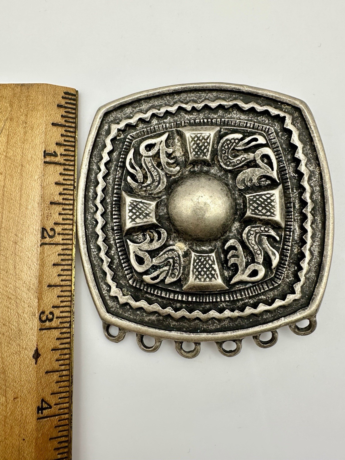 VTG Western Belt Buckle Ornate Silver Aztec Mexican Style EUC Heavy