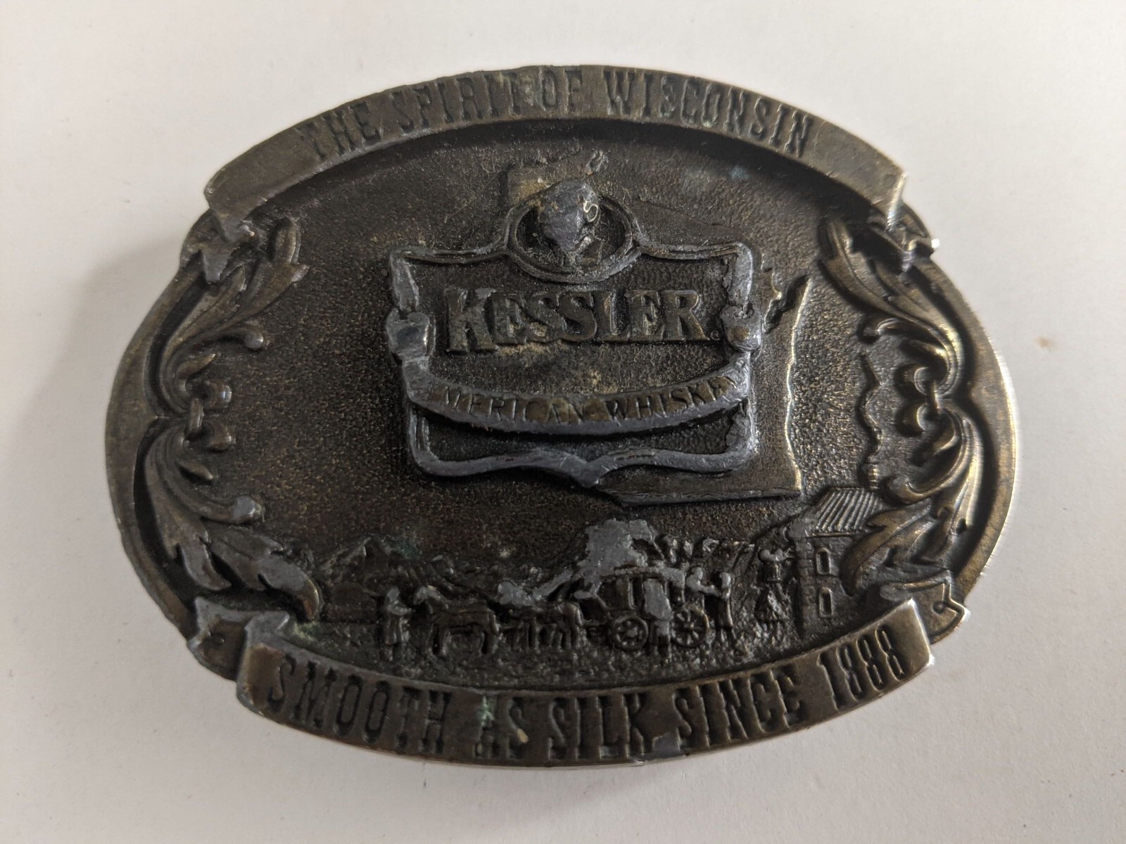 Kessler Belt Buckle The Spirit of Wisconsin 1993 Smooth as Silk bronze wearing