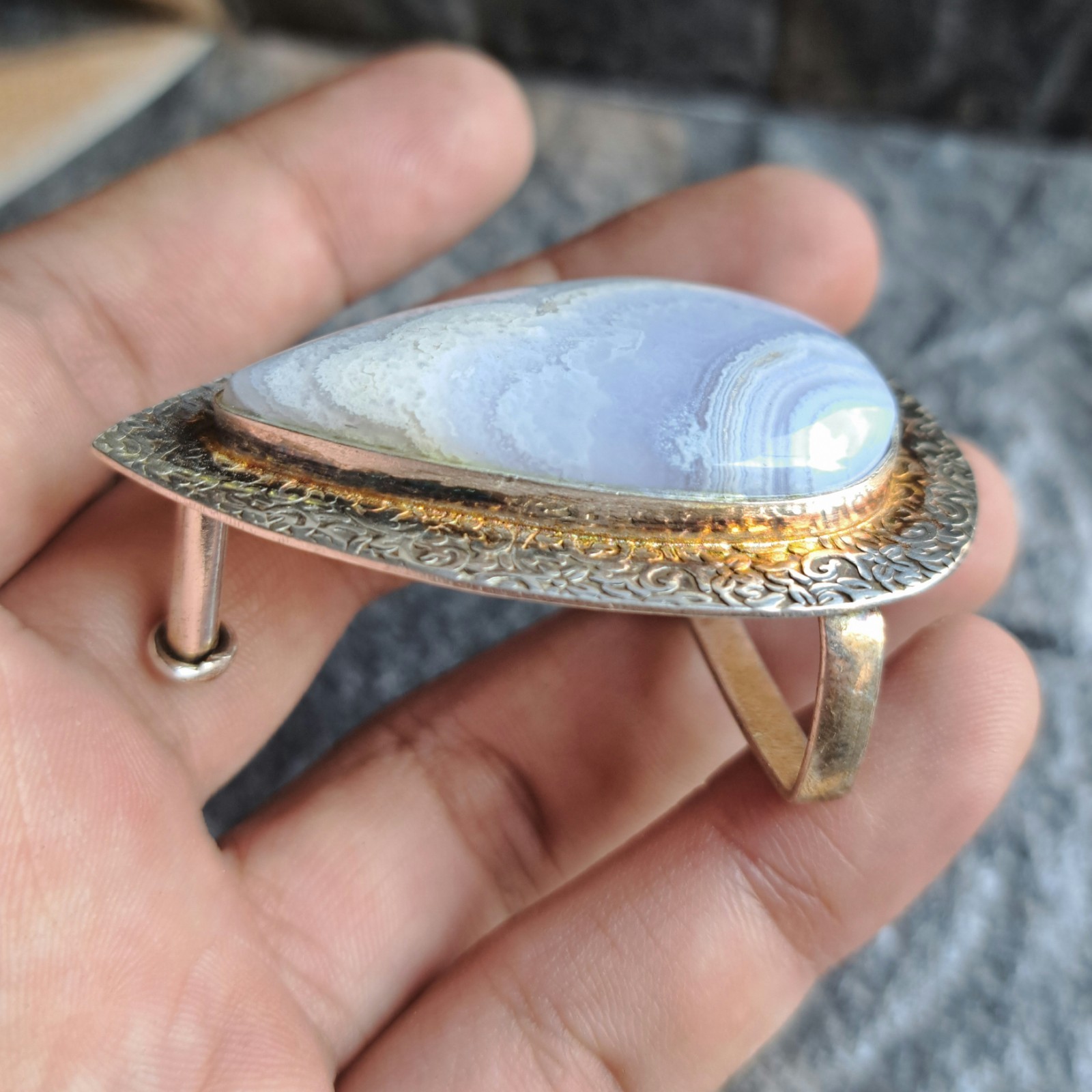 Blue Lace Agate Teardrop Silver Plated Belt Buckle Soft Lavender Banded Unisex