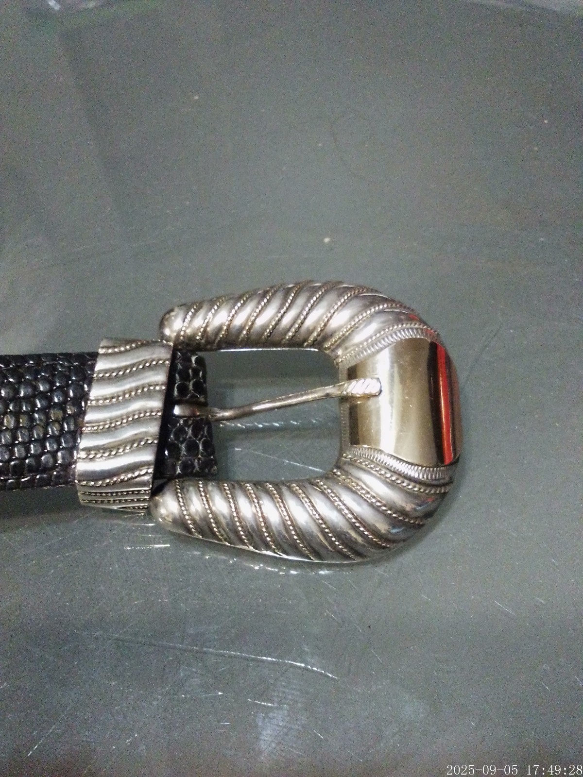 Rare Chet Vogt 14k Gold .925 Sterling Belt Buckle Set Size 28 black lizzard