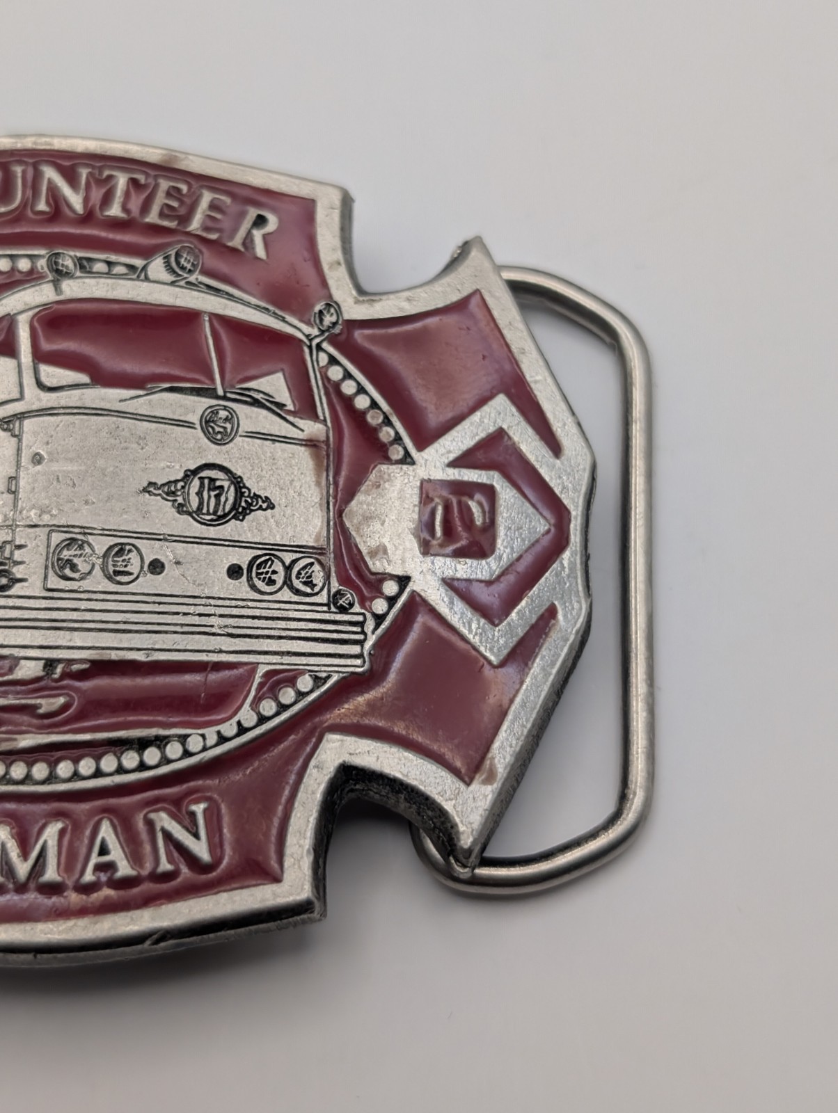 Vintage 1979 Volunteer Fireman Belt Buckle Pewter Red Enamel Engine 17