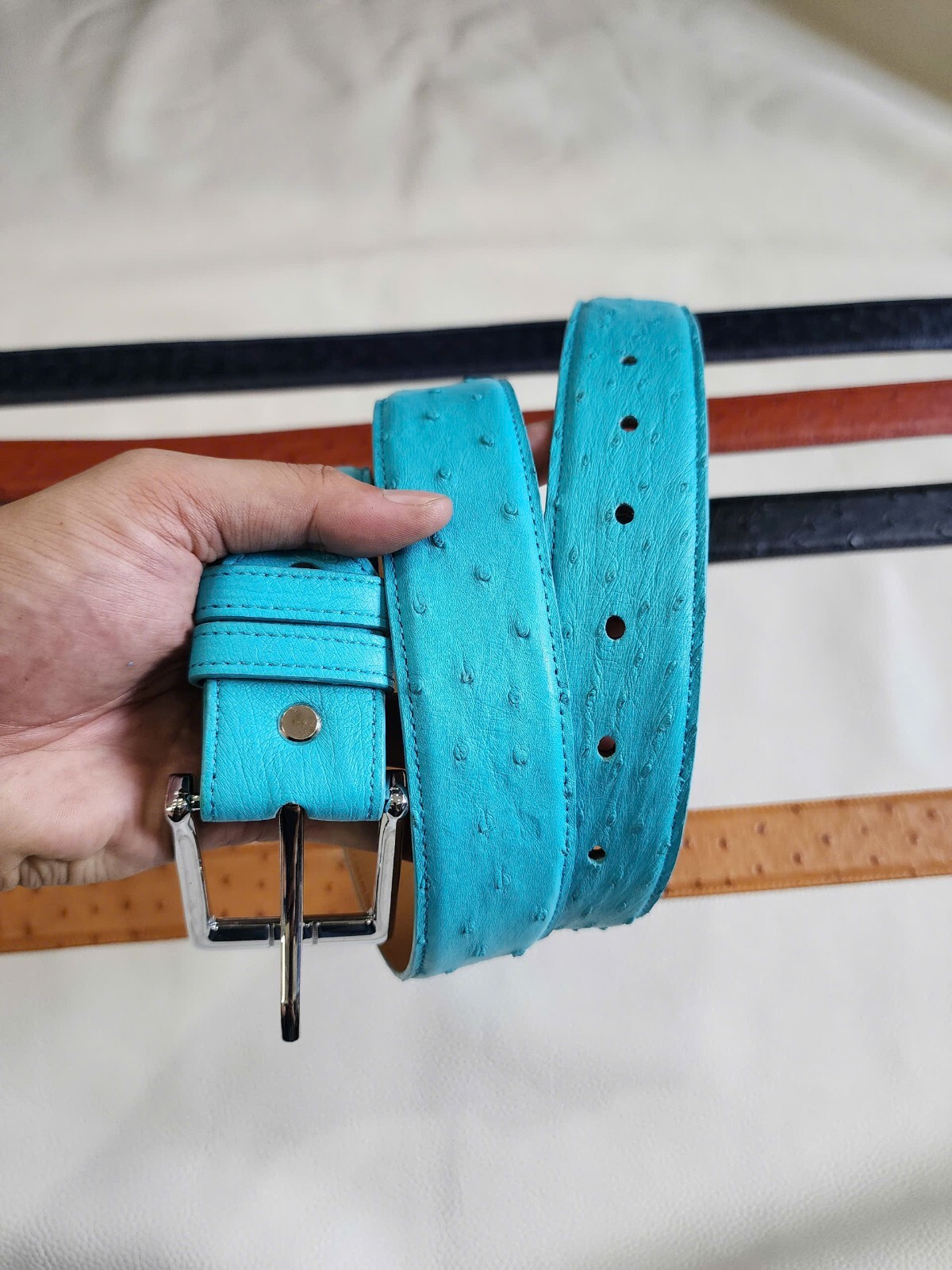 3.8CM Turquoise 100% Genuine Body Ostrich Leather Skin Mens Belt Buckle-Handmade