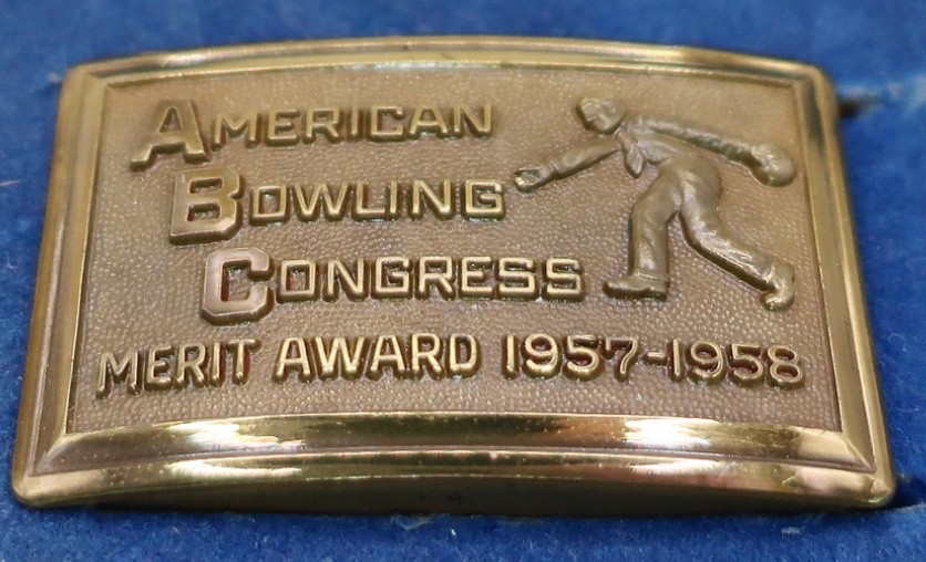 Vintage 1957-1958 American Bowling Congress Merit Award Brass Belt Buckle w Case
