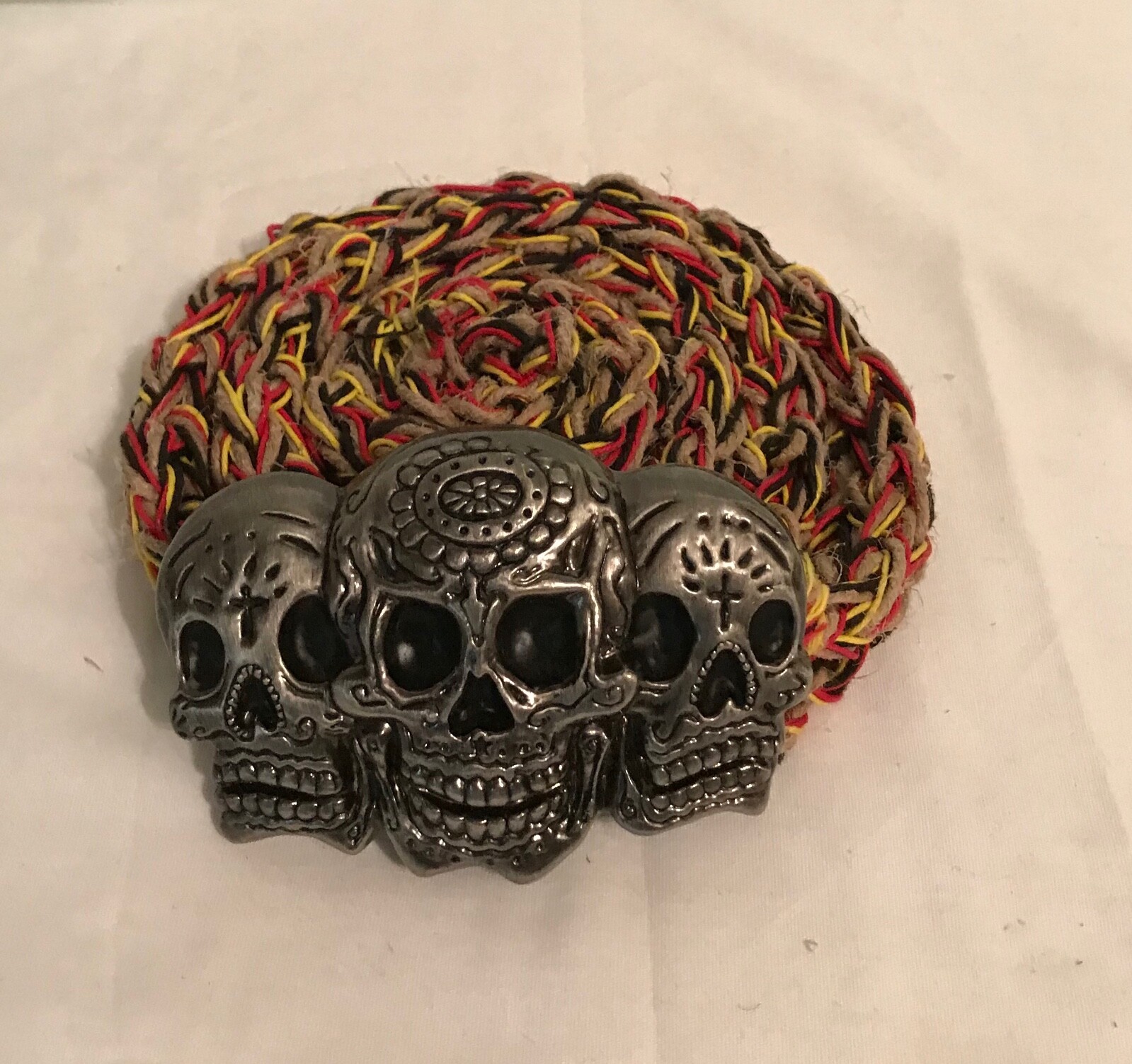 Triple Skull Belt Buckle Rasta 100% Natural Hemp Cord Braided Hemp Twine 48&Prime;