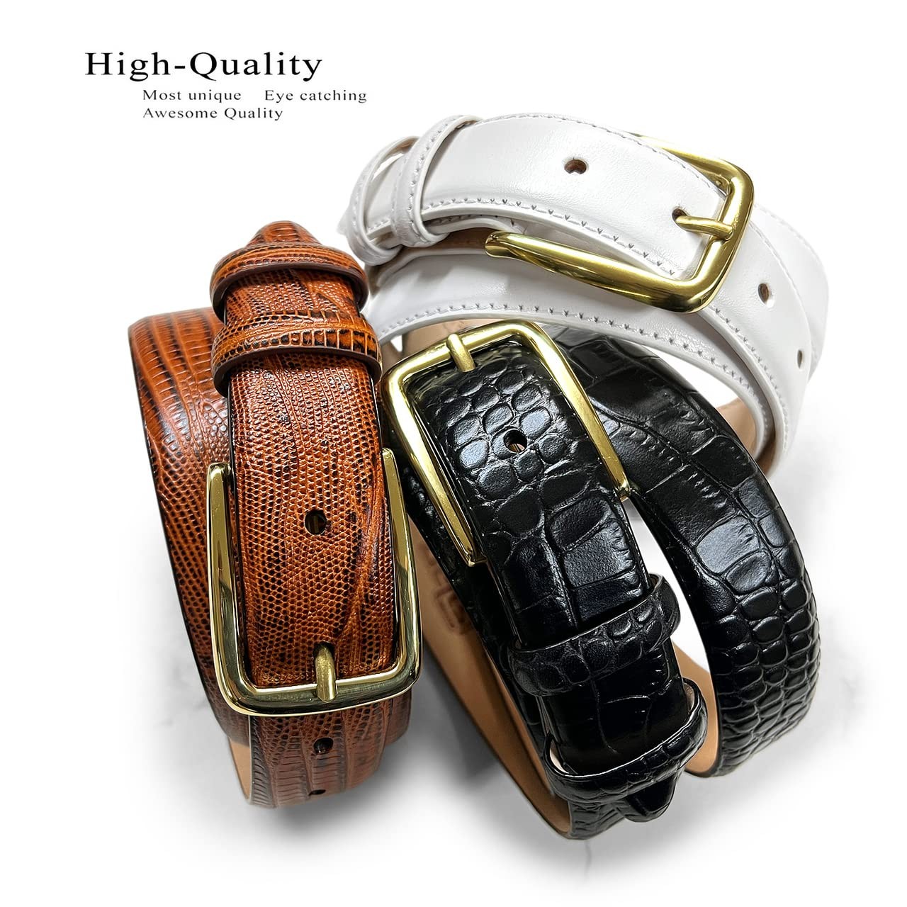 Andrew Men&rsquo;s Dress Belt Solid Brass Buckle (Gold) 34, Gold-alligator Tan