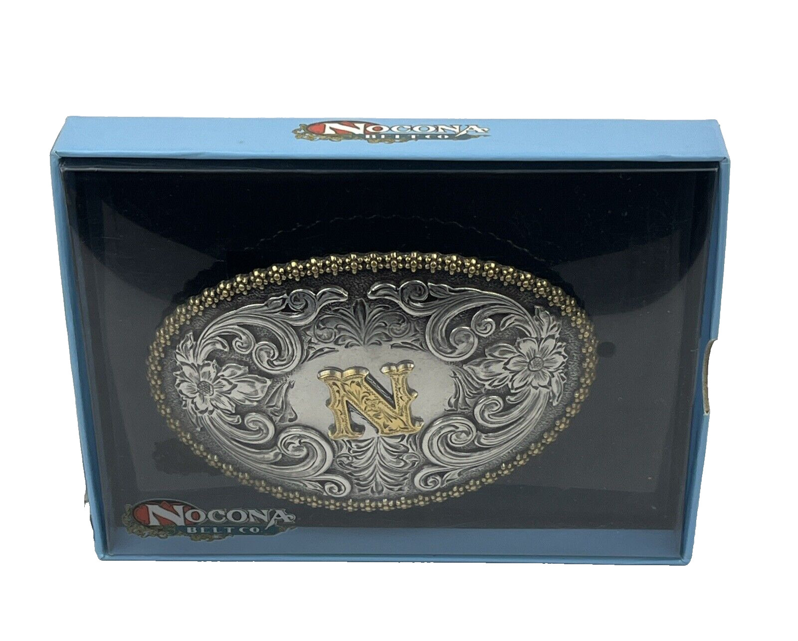 NOCONA Belt Co. OVAL INITIAL BUCKLE – N – 2 Tone Floral New In Box Unisex