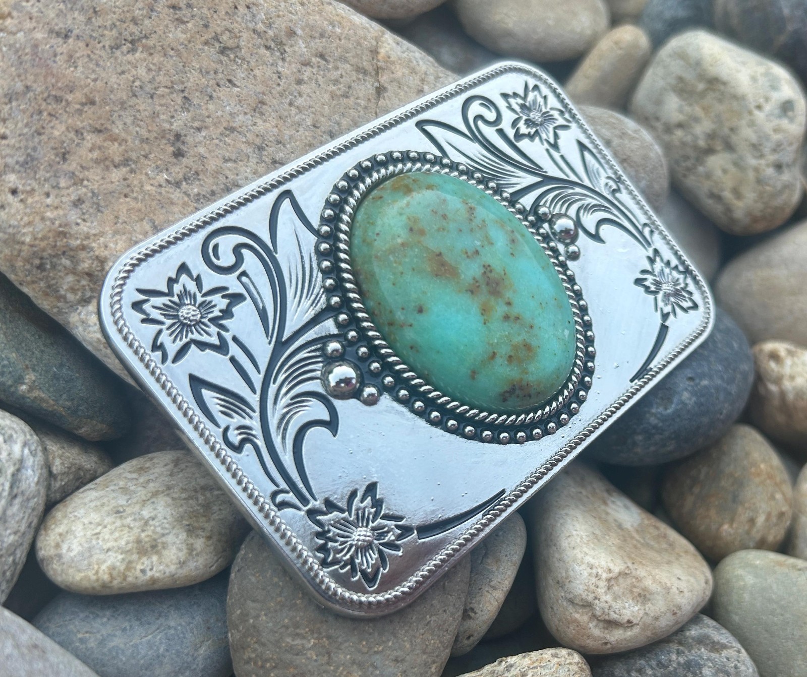 Turquoise Stone Western Belt Buckle Silver Plated Cowgirl Agate 1.5in Snap Fit