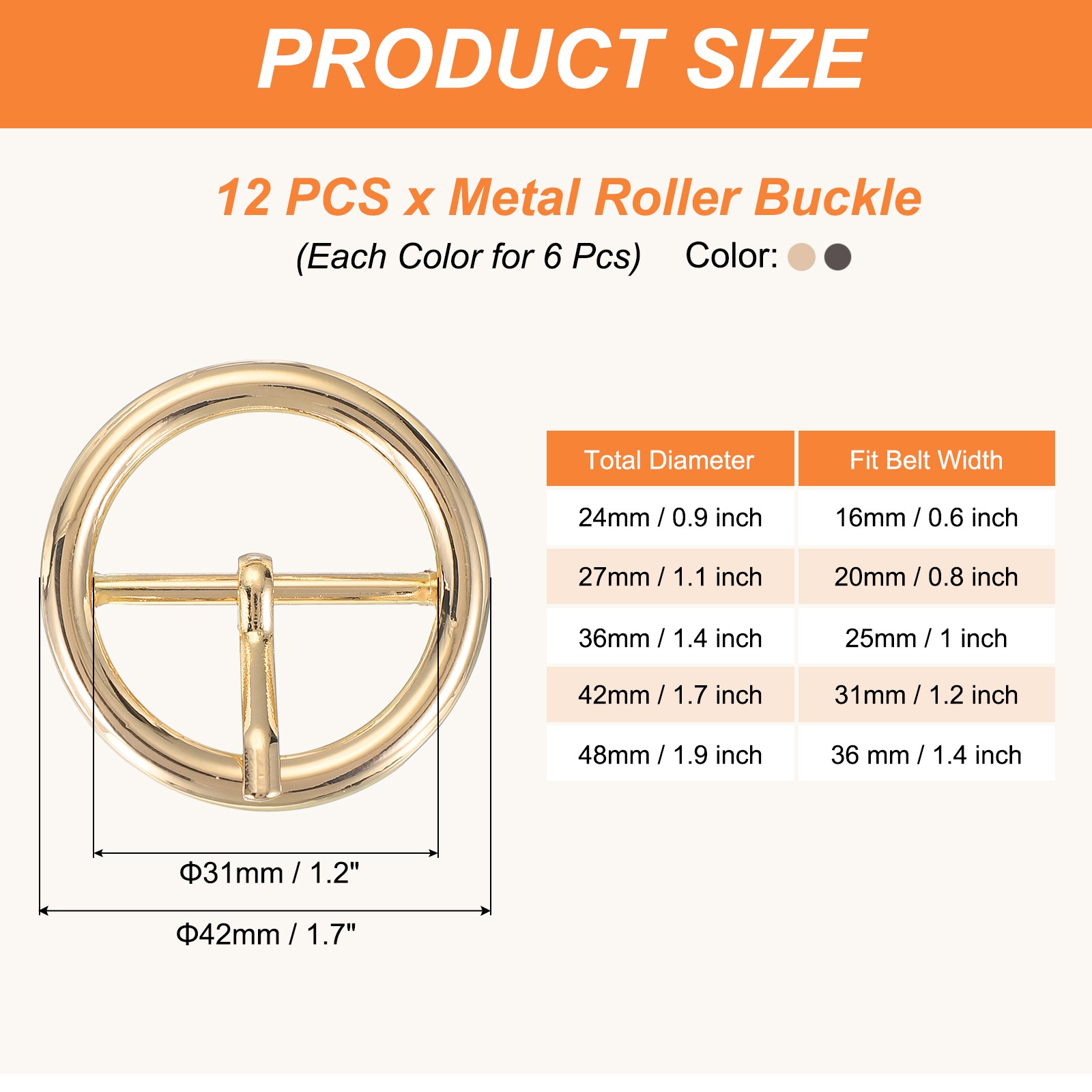12Pcs 1.2&Prime; Single Prong Belt Buckle Metal Roller Buckle Light Gold/Black