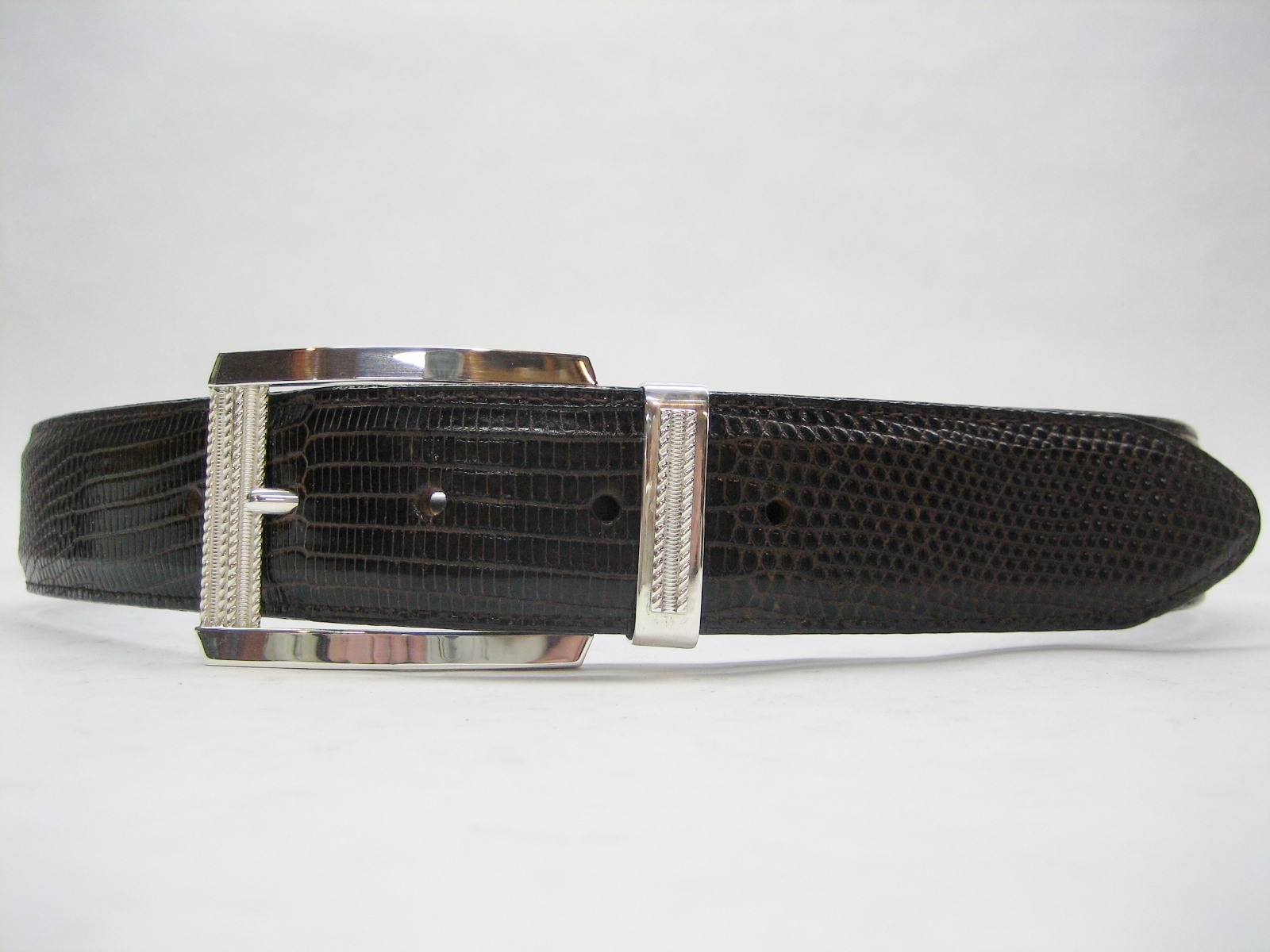 Sterling silver 925 buckle & loop, 44 grams w/Genuine Lizard 1.5  » belt U.S.A..
