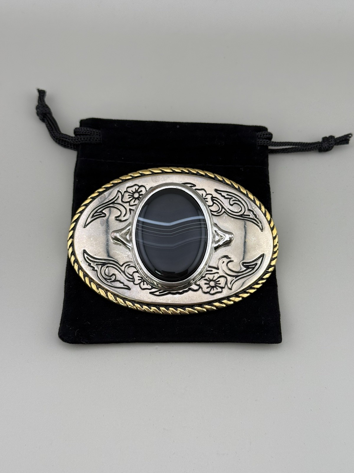 Black Banded Agate Western Belt Buckle Gold Rope Trim Floral Scroll