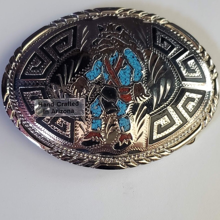 Handcrafted Arizona Faux Turquoise Chip Inlay Wolf Belt Buckle Silver Tone