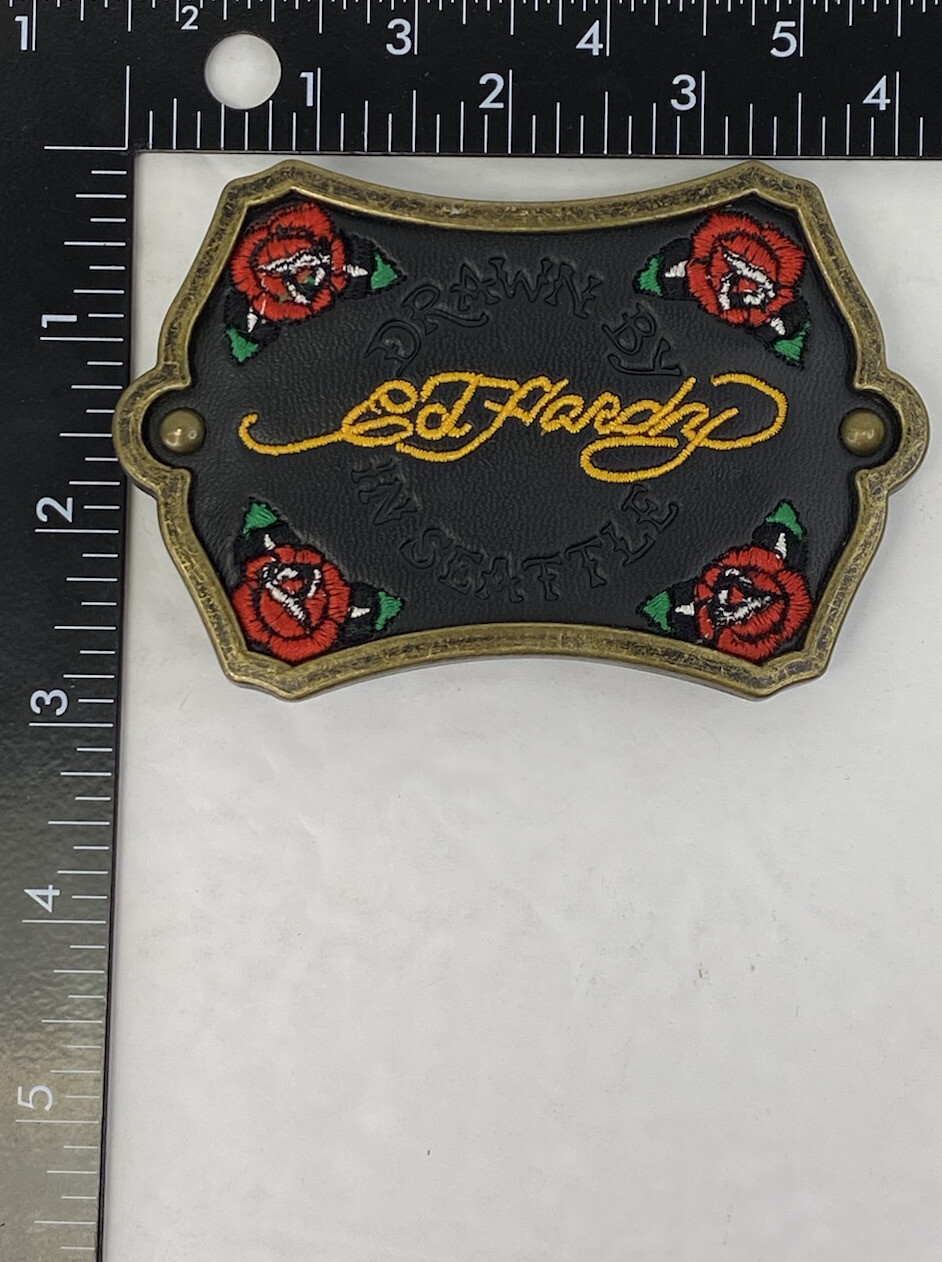 Vintage “Drawn By Ed Hardy In Seattle” Black Leather Belt Buckle w/ Roses –