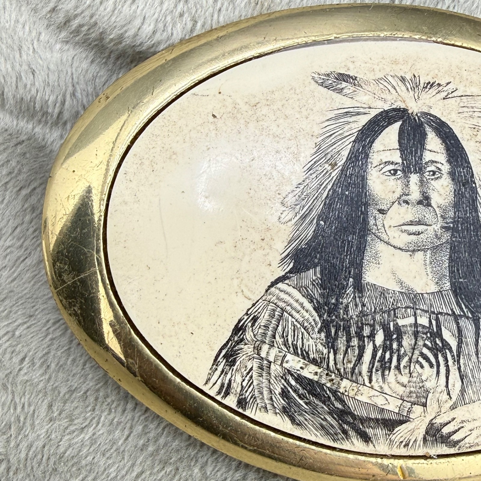 Vintage Etched Resin Buckle Native American Gold Tone Baron Buckles