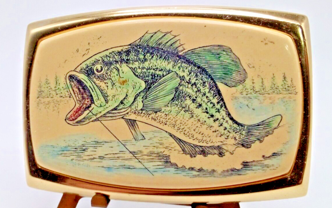 Solid Brass Scrimshaw style Bass belt buckle
