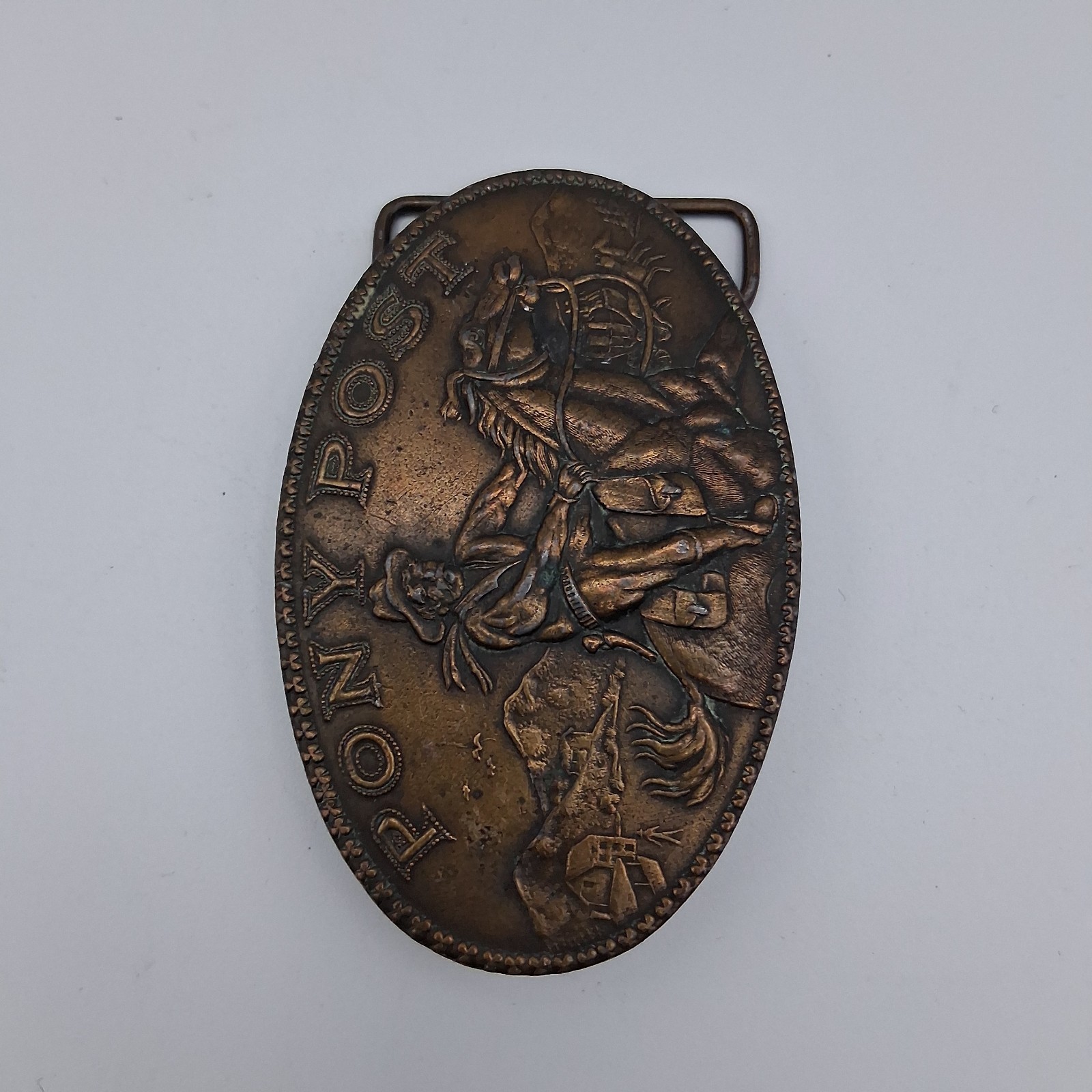 Vintage 70s Pony Post Express Brass Metal Belt Buckle Montauk Silver Company