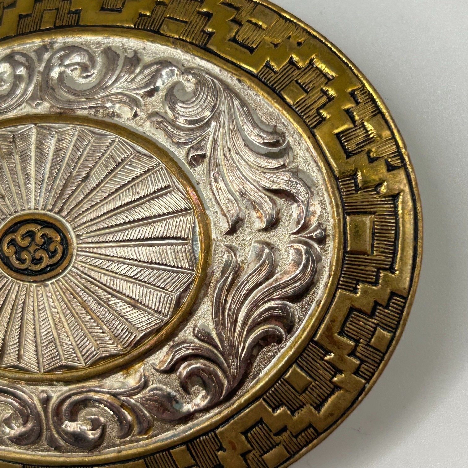 Crumrine Silver Plate Bronze Belt Buckle Sunburst Western Heavy USA Vintage LG