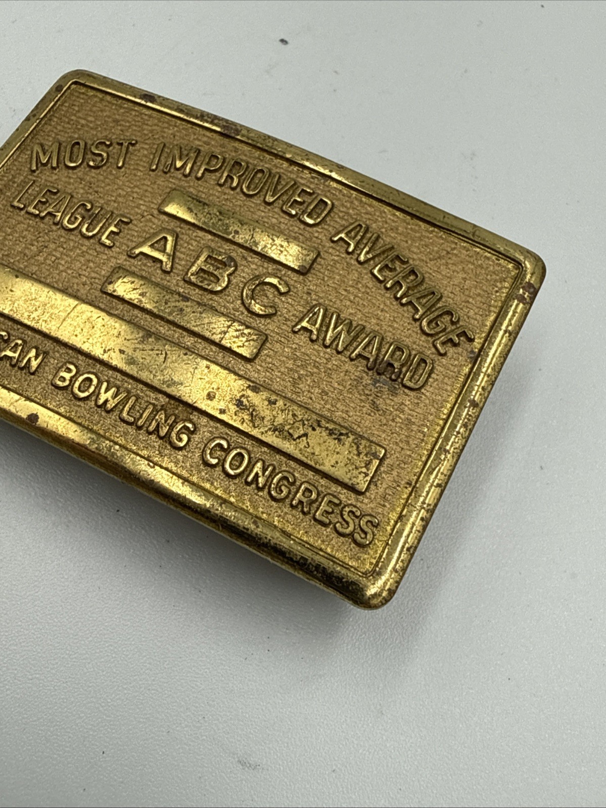 Vintage ABC Bowling League Award Brass Belt Buckle Most Improved Average