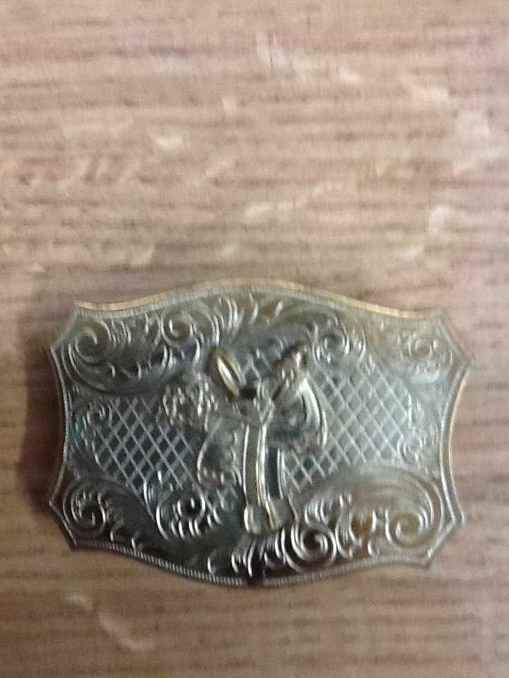 Vintage Western Horse Saddle Belt Buckle Solid Brass Engraved Floral Gold Tone