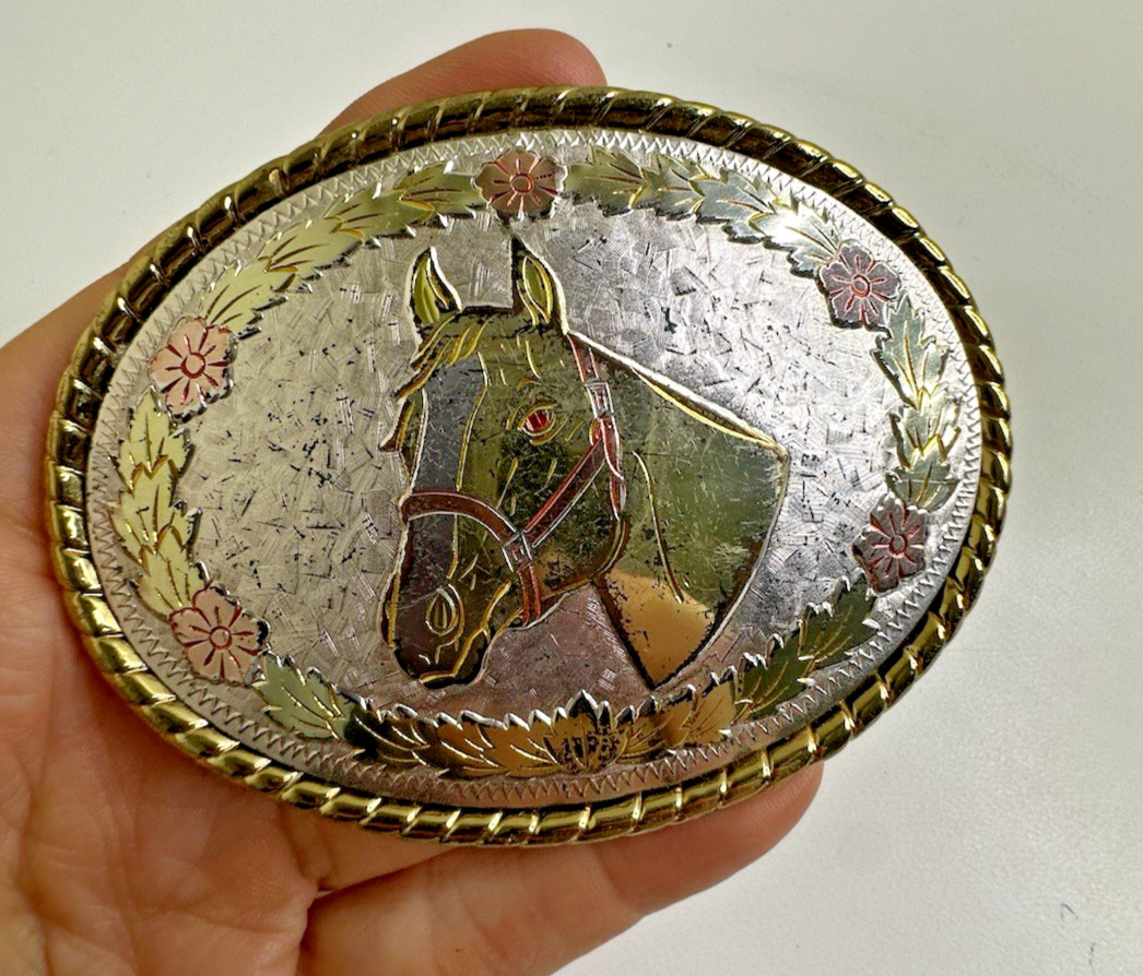 VINTAGE SILVER PLATED HORSE THEME BELT BUCKLE Western Tri Color ROSE AND YELLOW