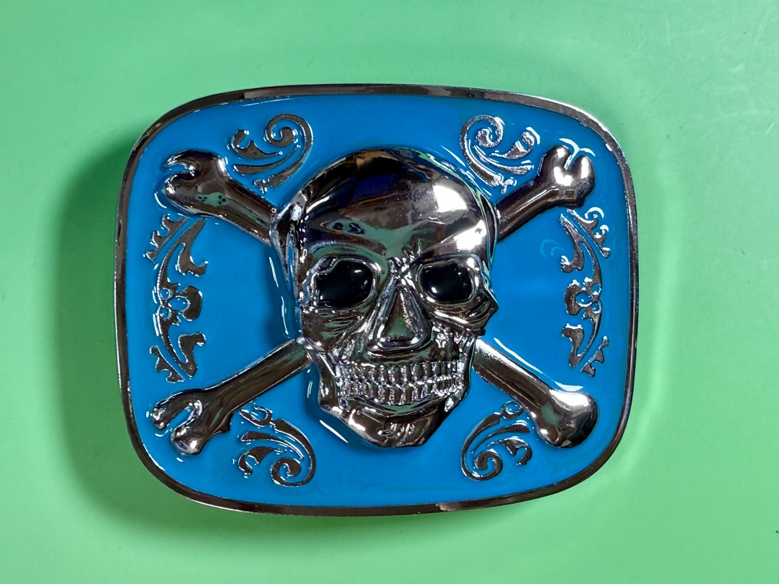 Jolly Roger Pirate Skull Head & Crossbones Blue Enamel Colored New Belt Buckle