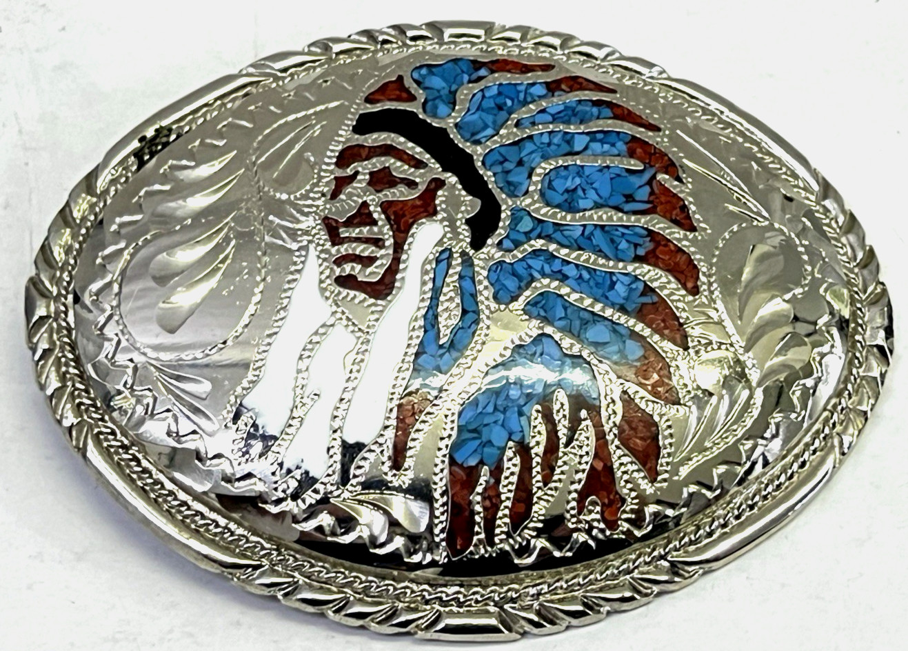 Silver Engraved Inlaid Belt Buckle Indian Chief Head Dress w/Turquoise & Coral