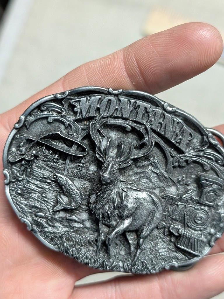 vintage MONTANA belt buckle ELK heavy pewter WESTERN train FLY FISHING siskiyou
