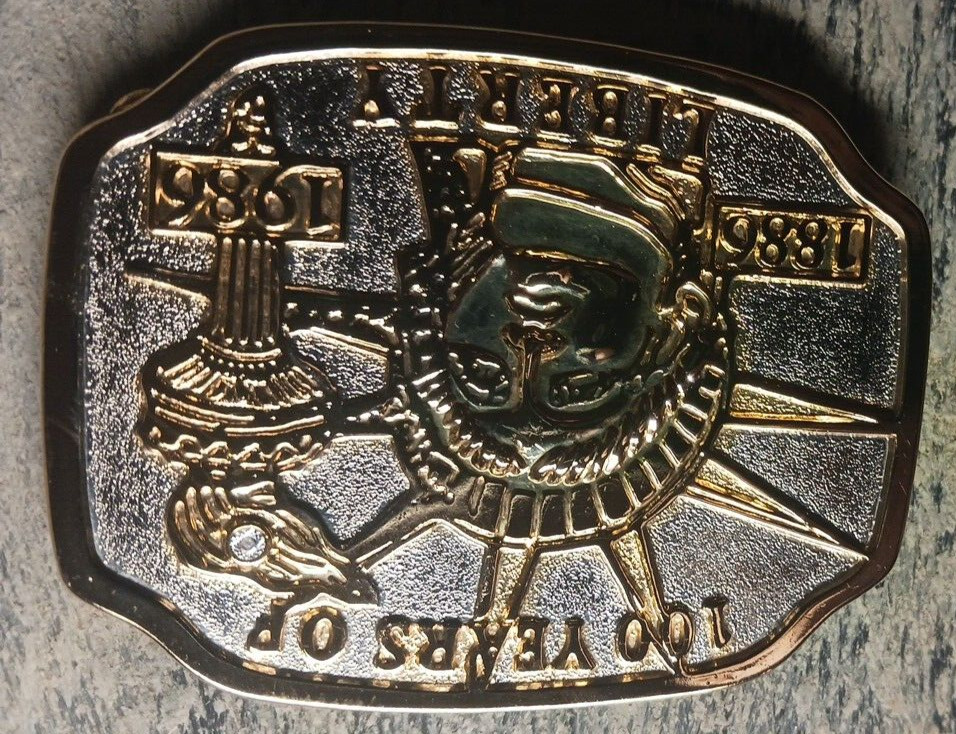 100 Years of Liberty 1886-1986 Gold & Silver Tones Belt Buckle 3 3/8&Prime; x 2 5/8&Prime;