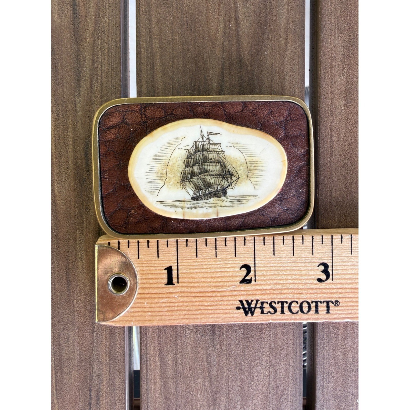 Vintage Hand Cast Solid Brass Scrimshaw Sailing Ship Belt Buckle Made in USA