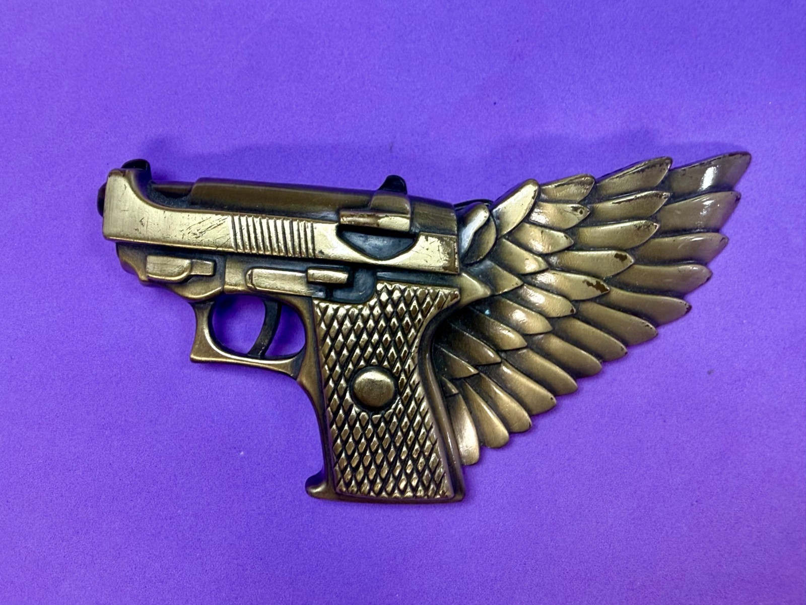 Winged Gun Flying Pistol Handgun Figural Cutout Brass Tone Large Belt Buckle
