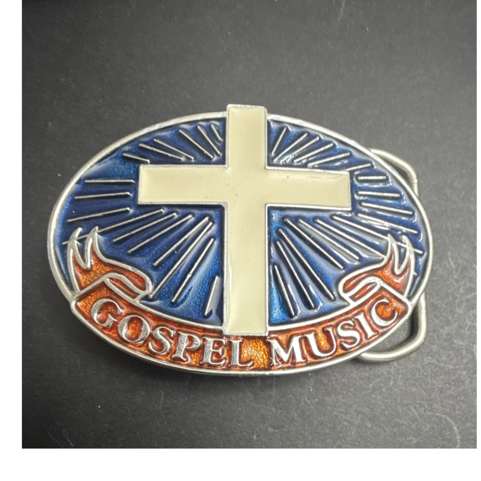 Gospel Music Cross Blue Orange Metal Belt Buckle 2451