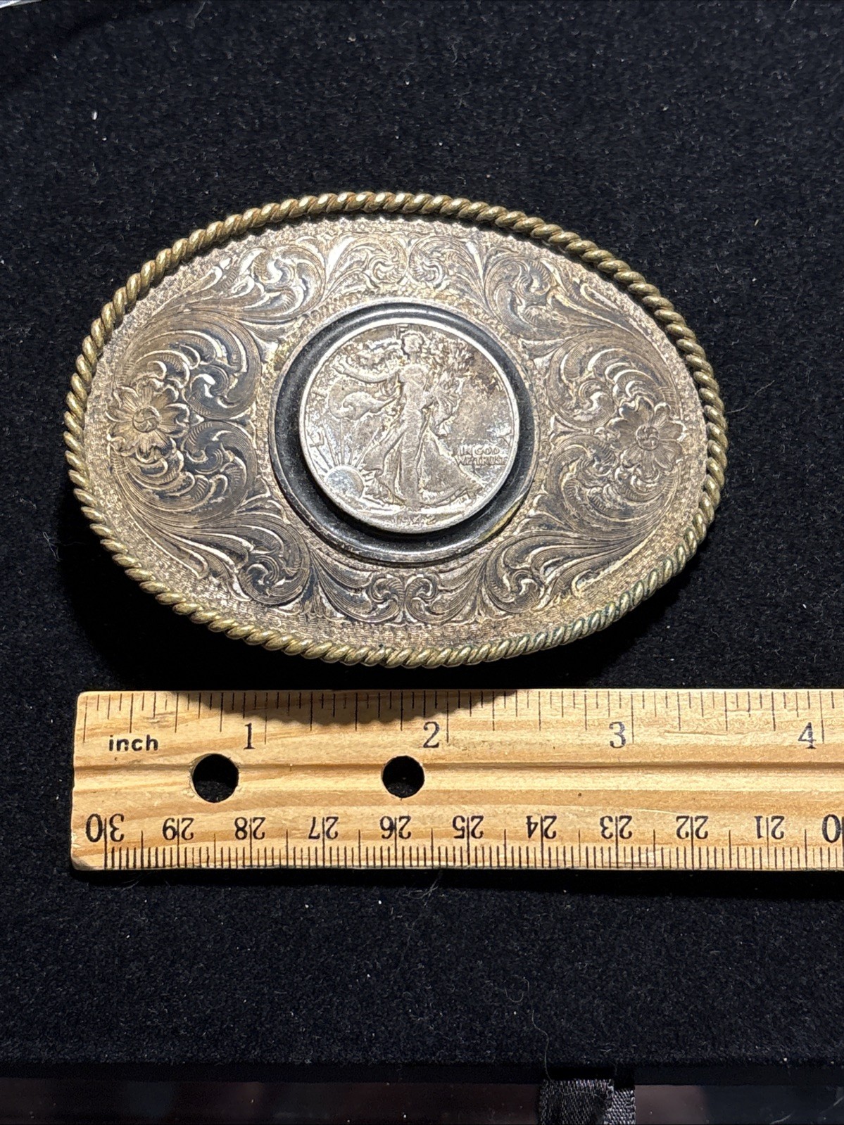 Montana Silversmiths Coin Belt Buckle 1942 Walking Liberty Half Dollar -Item#283